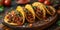 delicious tacos on a wooden board