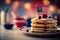 Delicious tasty american pancakes with american flag. Berries arround the plate. 4th july celebration, memorial day
