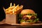 Delicious Tasty burger paper box with fries. Generate Ai