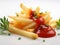 Delicious Tasty French Fries with Ketchup and Parsley for Garnish