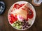 Delicious Tasty Homemade crepes with Strawberry ice cream with strawberries, kiwi, grape