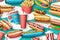 Delicious and tempting American hot dog fast food 3D elements on white background