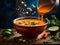Delicious Thai red curry soup, vibrant ruby-red broth simmering with a symphony of aromas