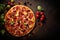 Delicious thin crust pizza with space for text. Top view
