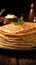 Delicious thin pancakes presented in a close up on wooden backdrop