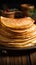 Delicious thin pancakes presented in a close up on wooden backdrop
