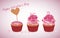 Delicious three cupcakes in the shape of a rose with jam filling