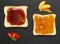 Delicious toasts with various sweet jams on on a slate plate background.