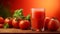 Delicious tomato juice in a glass on wooden table with red background, perfect for text placement