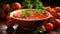 Delicious tomato sauce bowl with ripe cherry tomatoes on rustic wooden table, close up shot