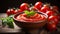 Delicious tomato sauce and cherry tomatoes in a wooden bowl on a rustic table, close up shot.