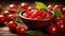Delicious tomato sauce with vibrant cherry tomatoes in a rustic wooden bowl on a close up view
