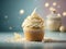 Delicious vanilla cupcake, whispered snow, swirl of creamy white frosting graces the top