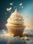 Delicious vanilla cupcake, whispered snow, swirl of creamy white frosting graces the top