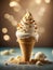 Delicious vanilla ice cream cone is a classic summertime treat, crispy waffle cone filled with creamy vanilla ice cream