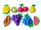 Delicious variety fruits plasticine clay, white background, colorful grapes blueberry shape dough