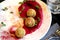 Delicious vegetarian food falafel with beet hummus