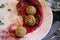 Delicious vegetarian food falafel with beet hummus