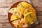 Delicious vegetarian fried Pupusas served with coleslaw close-up on a plate. horizontal top view