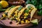 Delicious vegetarian tacos with grilled corn, black beans, and guacamole, garnished with fresh cilantro