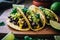 Delicious vegetarian tacos with grilled corn, black beans, and guacamole, garnished with fresh cilantro