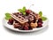 Delicious Viennese waffles with cherry, chocolate and mint on white plate, isolated on white, close-up