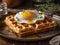 A delicious waffle served with a half-cooked fried egg on top.