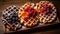 Delicious Waffle Slices On Wooden Tray With Fruit And Syrup