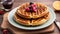 Delicious waffle on wooden table