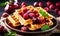 Delicious waffles with berries. Plate of belgian waffles with fruits. Generative AI