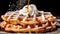 Delicious Waffles or Funnel Cake with cream and caramel in Black Background. Generative Ai