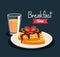 Delicious waffles with strawberries and orange juice