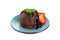 Delicious warm chocolate lava cake with mint and strawberries isolated on white