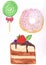 Delicious watercolor painting of a green apple lollipop, a piece of forest fruit cake and a pink doughnut with sprinkles