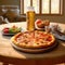 delicious whole italian pizza on a wooden table with ingredients. traditional italian food.