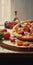 delicious whole italian pizza on a wooden table with ingredients. traditional italian food. Vertical image