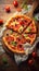delicious whole italian pizza on a wooden table with ingredients. Vertical image for smartphones.