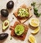 Delicious wholewheat toast with avocado slices. Healthy food