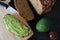Delicious wholewheat toast with guacamole. Mexican and vegan cuisine.
