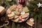 Delicious winter cookies, homemade biscuits shaped in Christmas motives, baked ginger cookies with sugar glazed icing, gingerbread