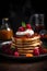 Delicious yellow sweet pancakes adorned with fruits and drizzled with sweet syrup, all set against a dark, moody background.