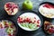 Delicious yoghurt smoothie bowls with assorted healthy fillings