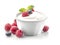 Delicious yogurt with fresh berries on white background