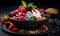Delicious yogurt with granola and berries, closeup