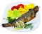 Deliciously baked  whole trout   with potatoes, tomatoes and greens