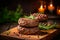 Deliciously charred and juicy grilled meat burger patty served on a rustic wooden board