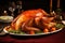 A deliciously cooked turkey served on a platter, accompanied by fresh oranges and grapes, A roasted turkey with stuffing on a