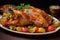 A deliciously cooked whole chicken served on a plate alongside seasoned potatoes and colorful peppers, roasted chicken with