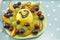 Deliciously decorated fruit salad with pudding