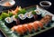 Deliciously prepared Japanese high quality sushi fish with wasabi, color and texture of meat, Japanese restaurant